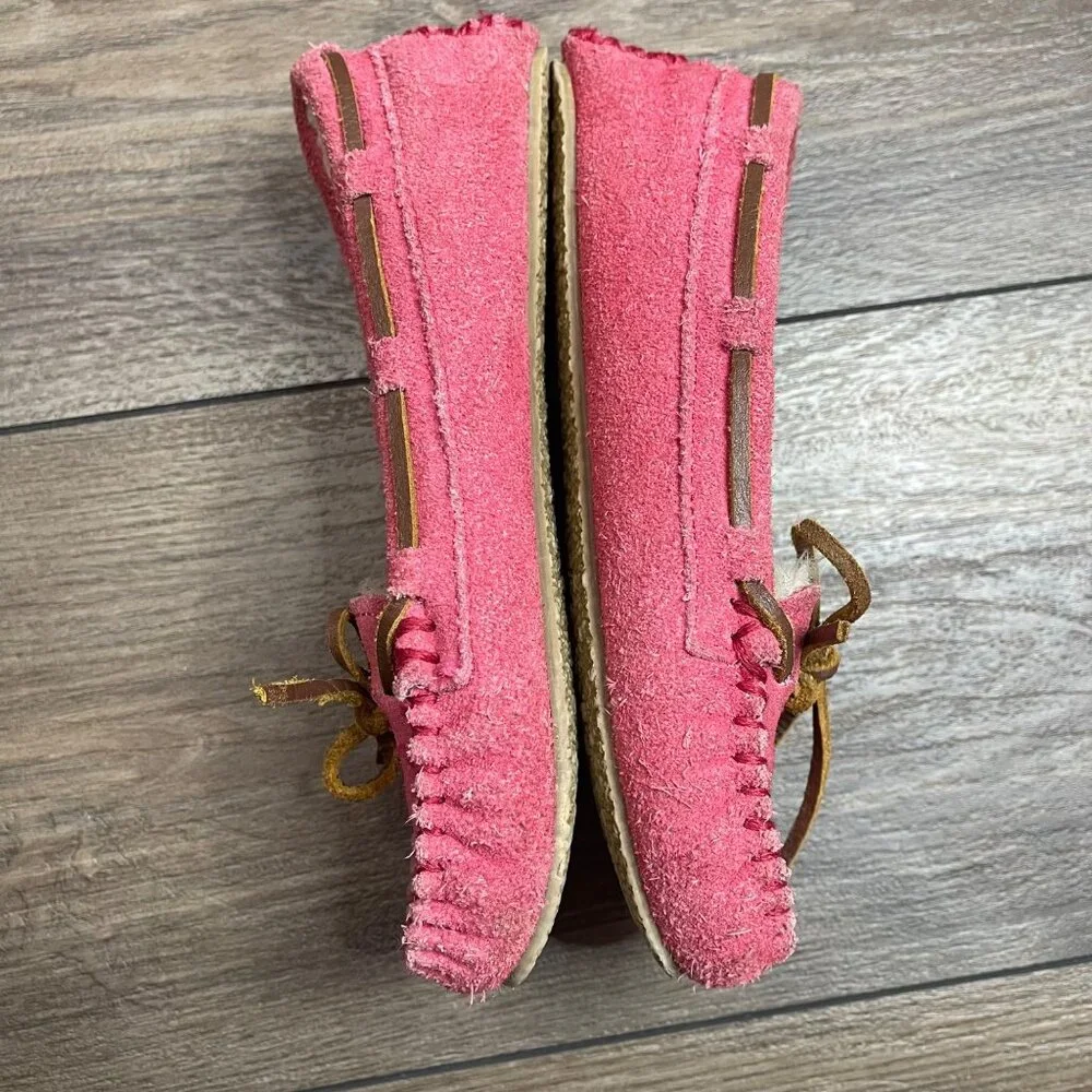 Minnetonka Cassie Moc Slippers Girls Size‎ 1 Pink Suede Leather Faux Fur Lining